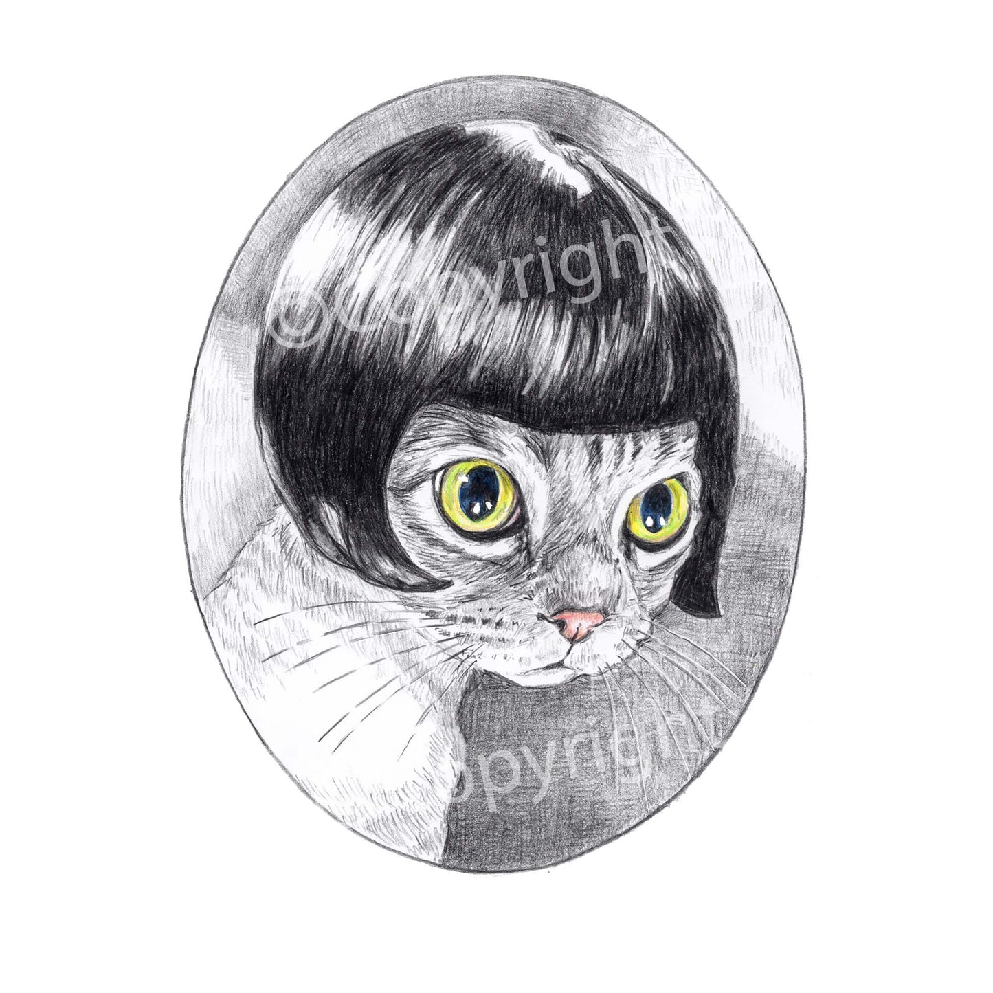 Black and white crayon drawing of a Siamese cat styled like a silent movie star. Art by Deidre Wicks
