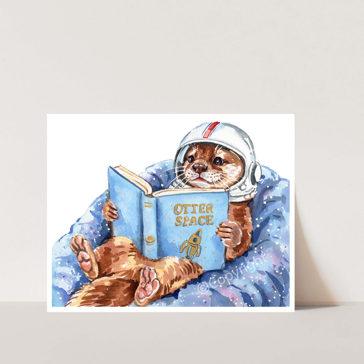 Illustration of an otter in a space suit reading a book titled 'Otter Space' on a light gray background.
