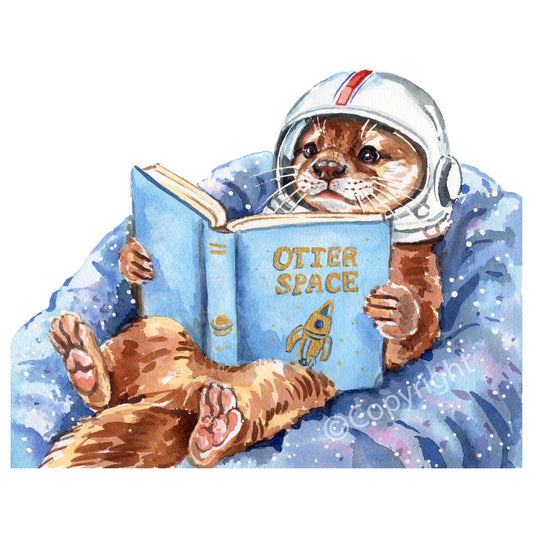 Illustration of an otter in an astronaut helmet reading a book titled 'Otter Space'.