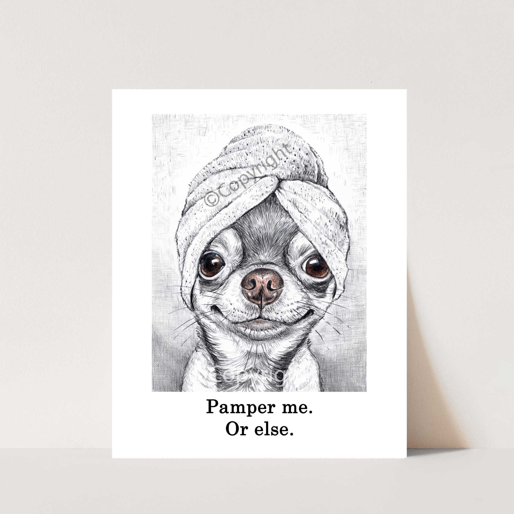 Crayon drawing of an adorable chihuahua dog wearing a bath towel on it's head. Art by Deidre Wicks