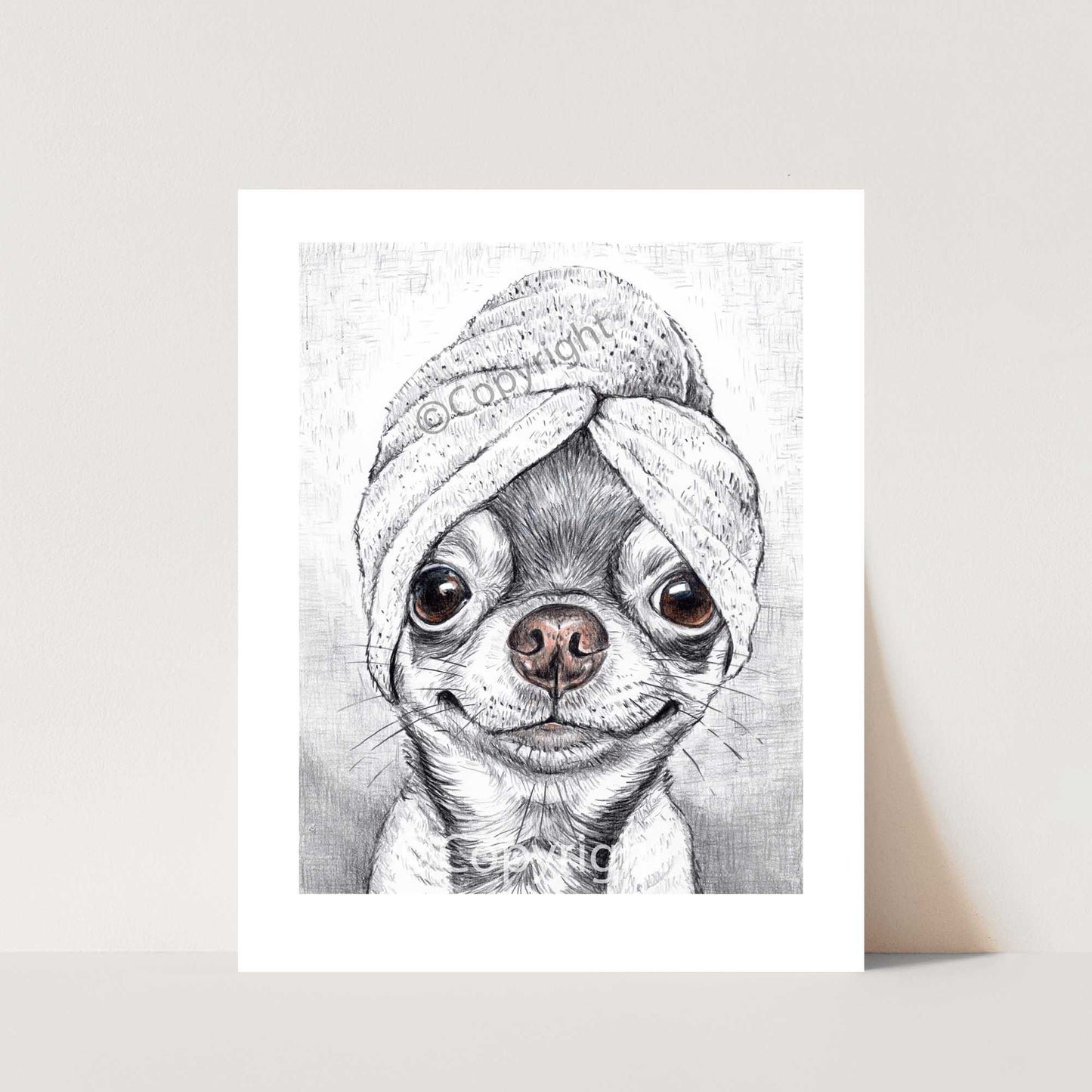 Crayon drawing of an adorable chihuahua dog wearing a bath towel on it's head. Art by Deidre Wicks