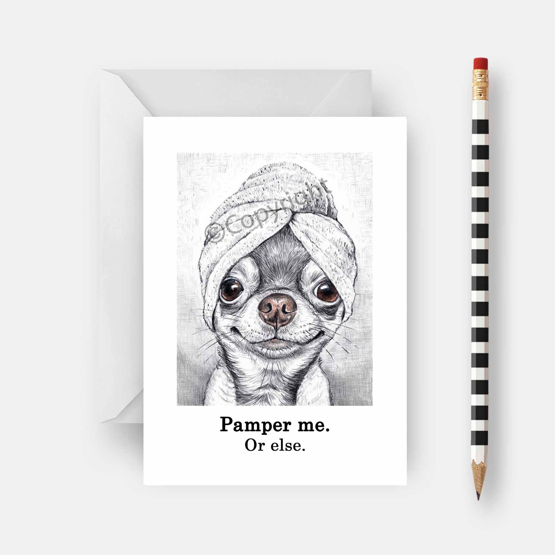 Greeting card featuring a crayon drawing of a sassy chihuahua dog wearing a bath towel on her head. By Deidre Wicks