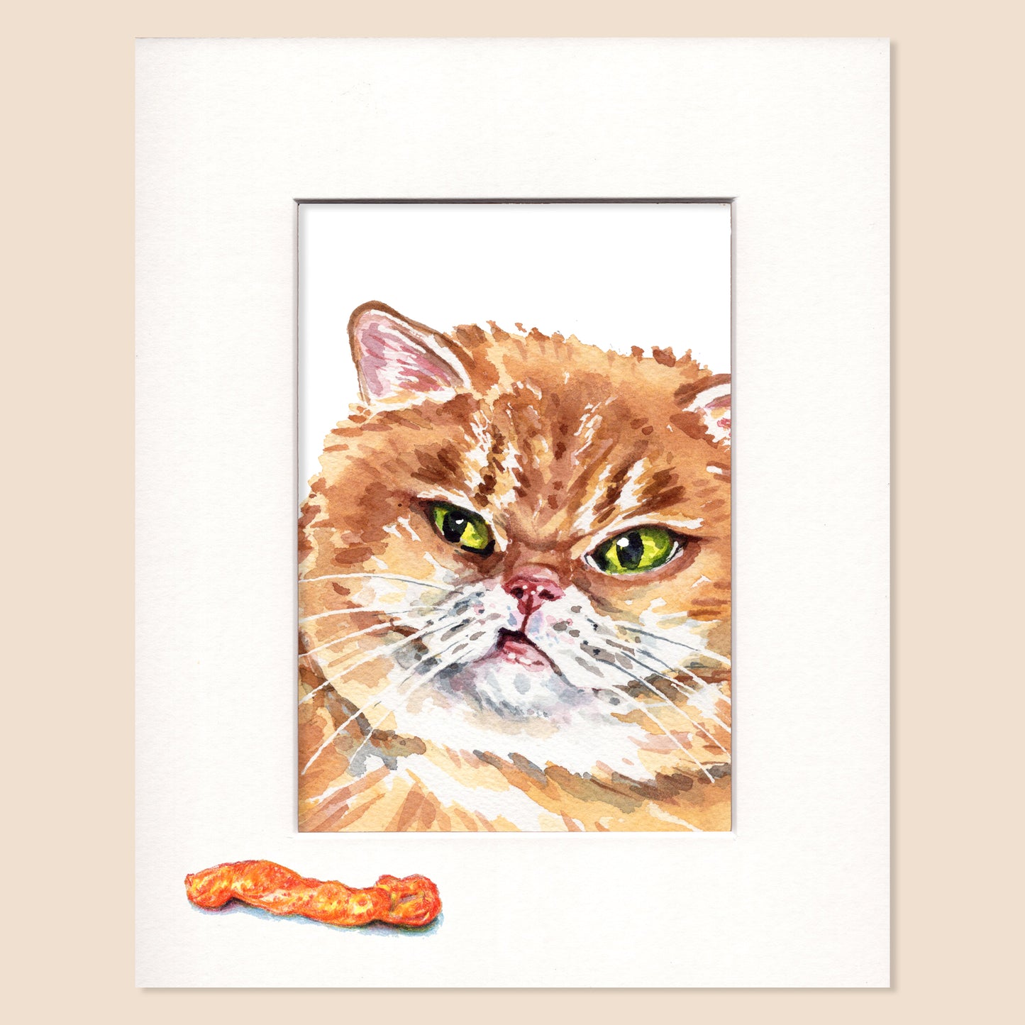 Framed watercolor painting of a cat with a small treat on a beige background
