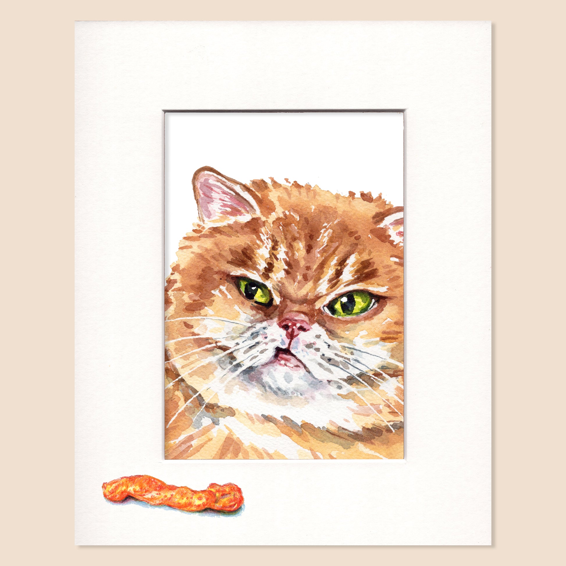 Framed watercolor painting of a cat with a small treat on a beige background