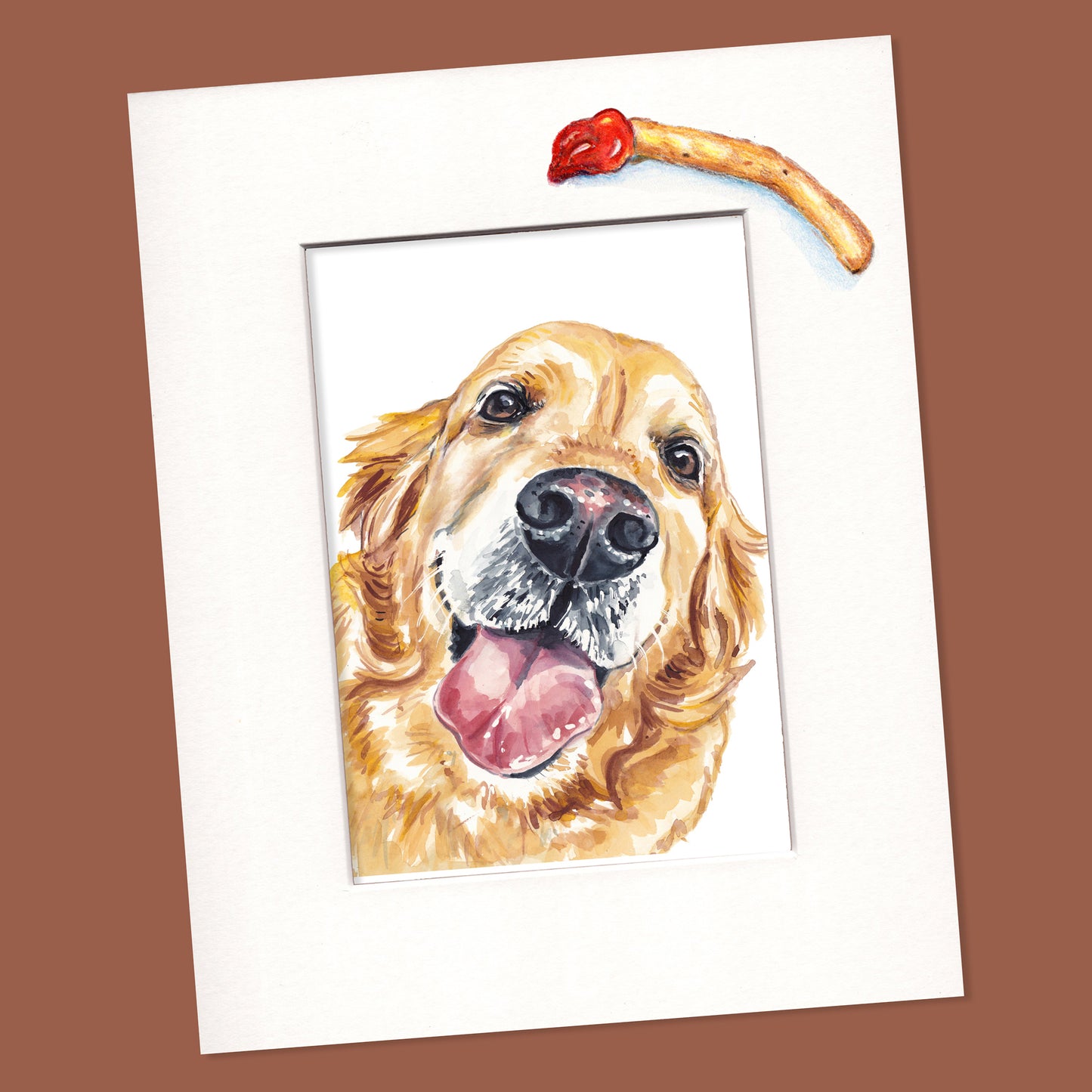 Pet portrait Illustration of a golden retriever with a French fry on a brown background