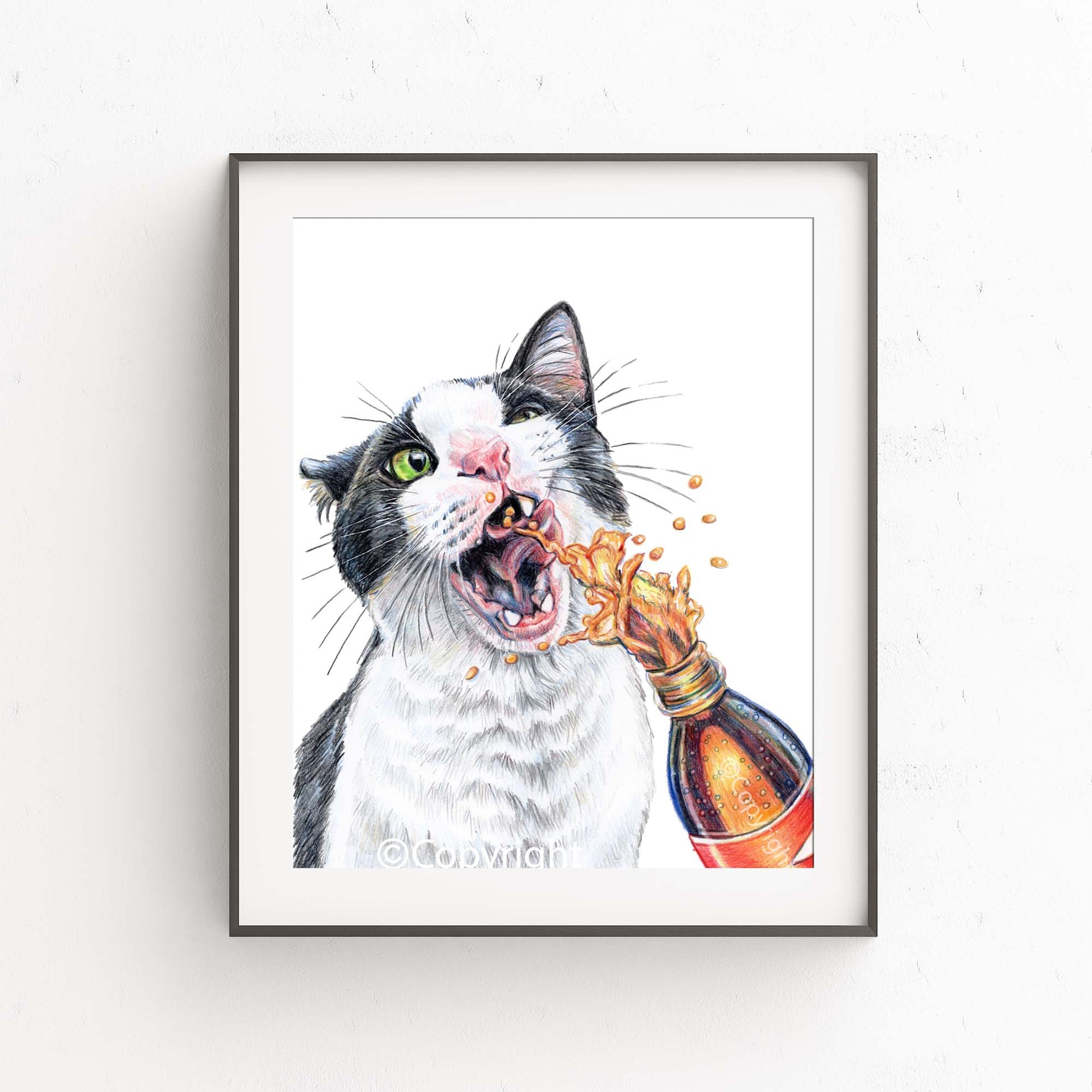 Coloured pencil drawing of a tuxedo cat drinking from a spraying bottle of soda pop. Art by Deidre Wicks