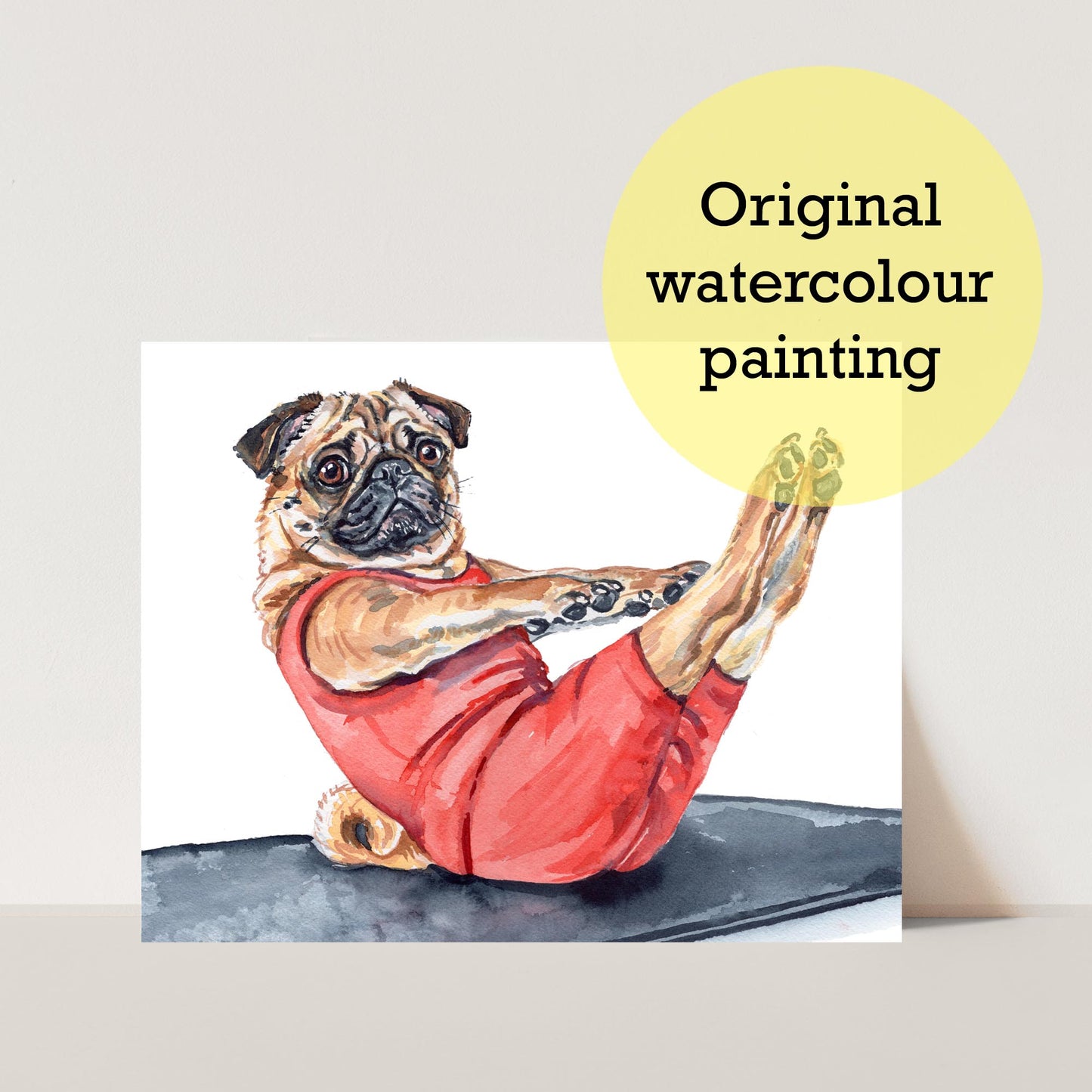 Original watercolour painting of an earnest dog doing a teaser pose in a Pilates class while wearing a read exercise outfit