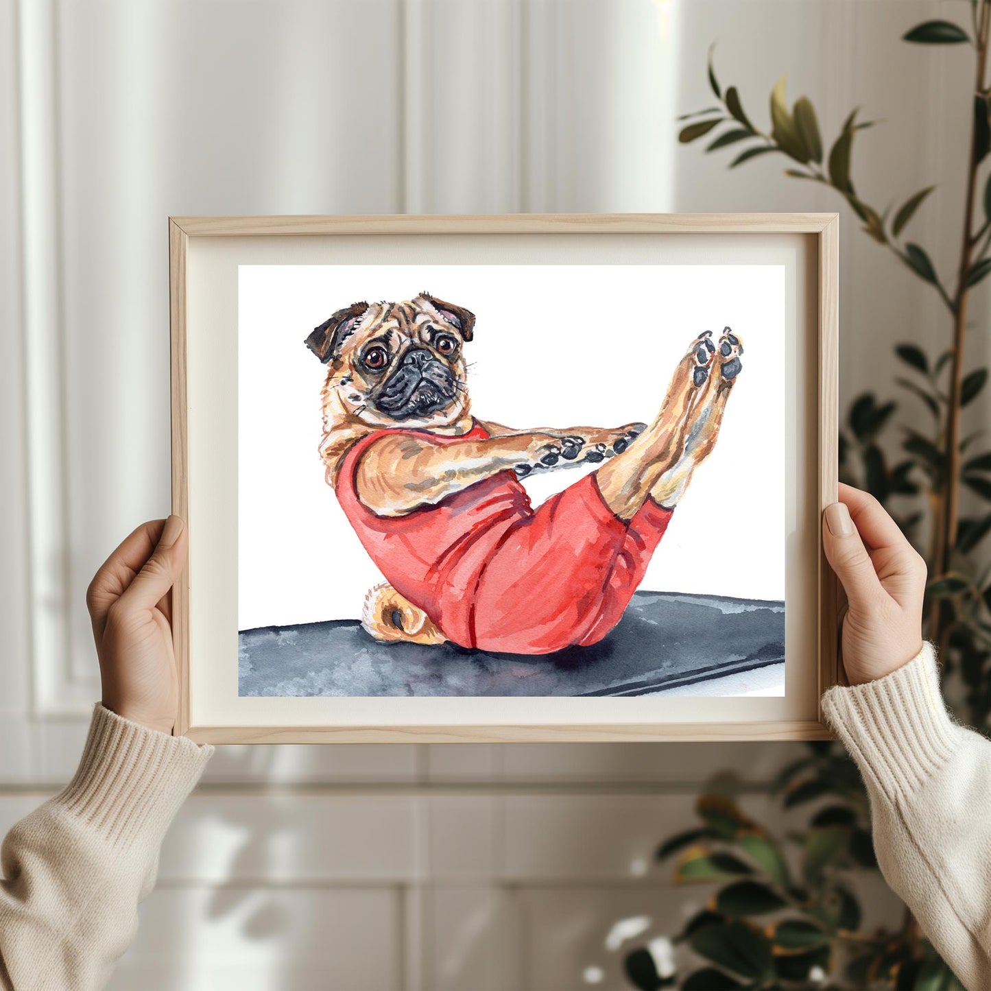 Original watercolour painting of an earnest dog doing a teaser pose in a Pilates class while wearing a read exercise outfit