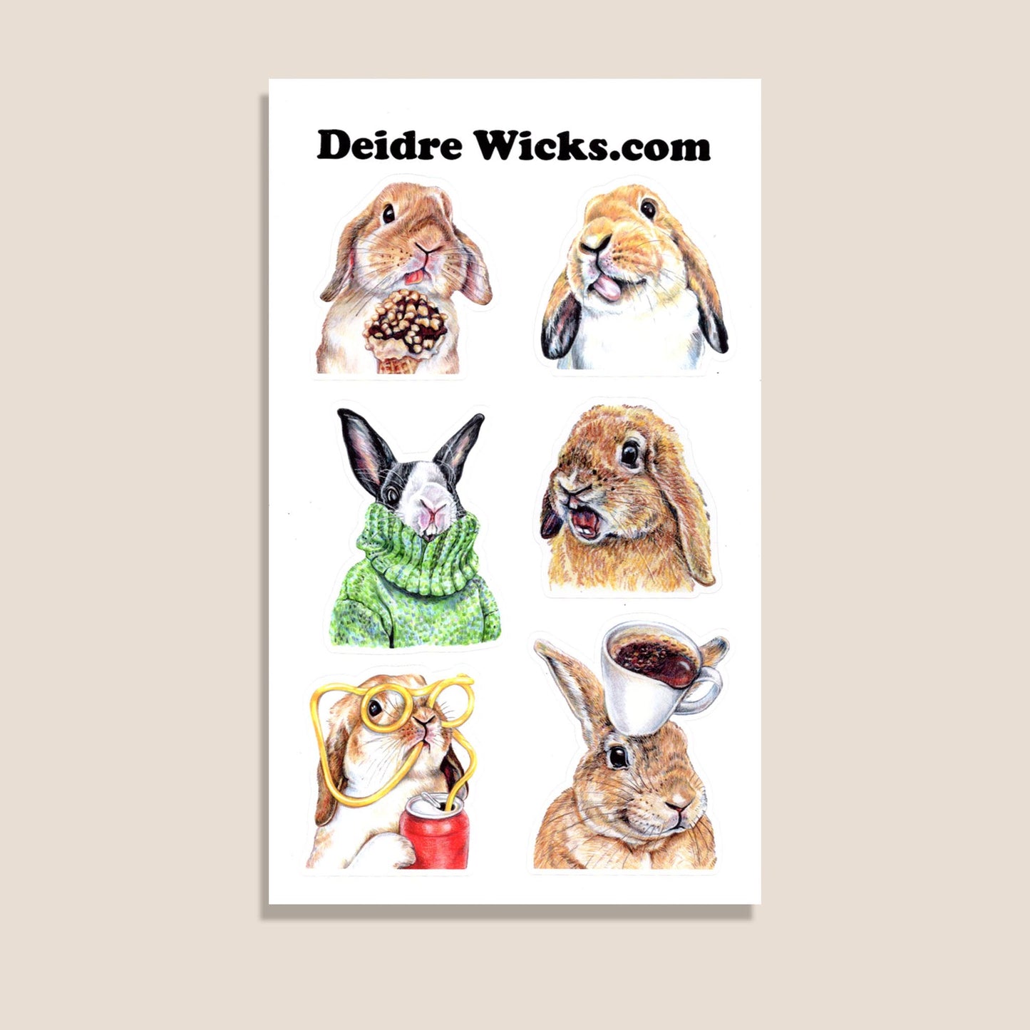 Sticker sheet with illustrations of rabbits and text 'Deidre Wicks.com' on a beige background