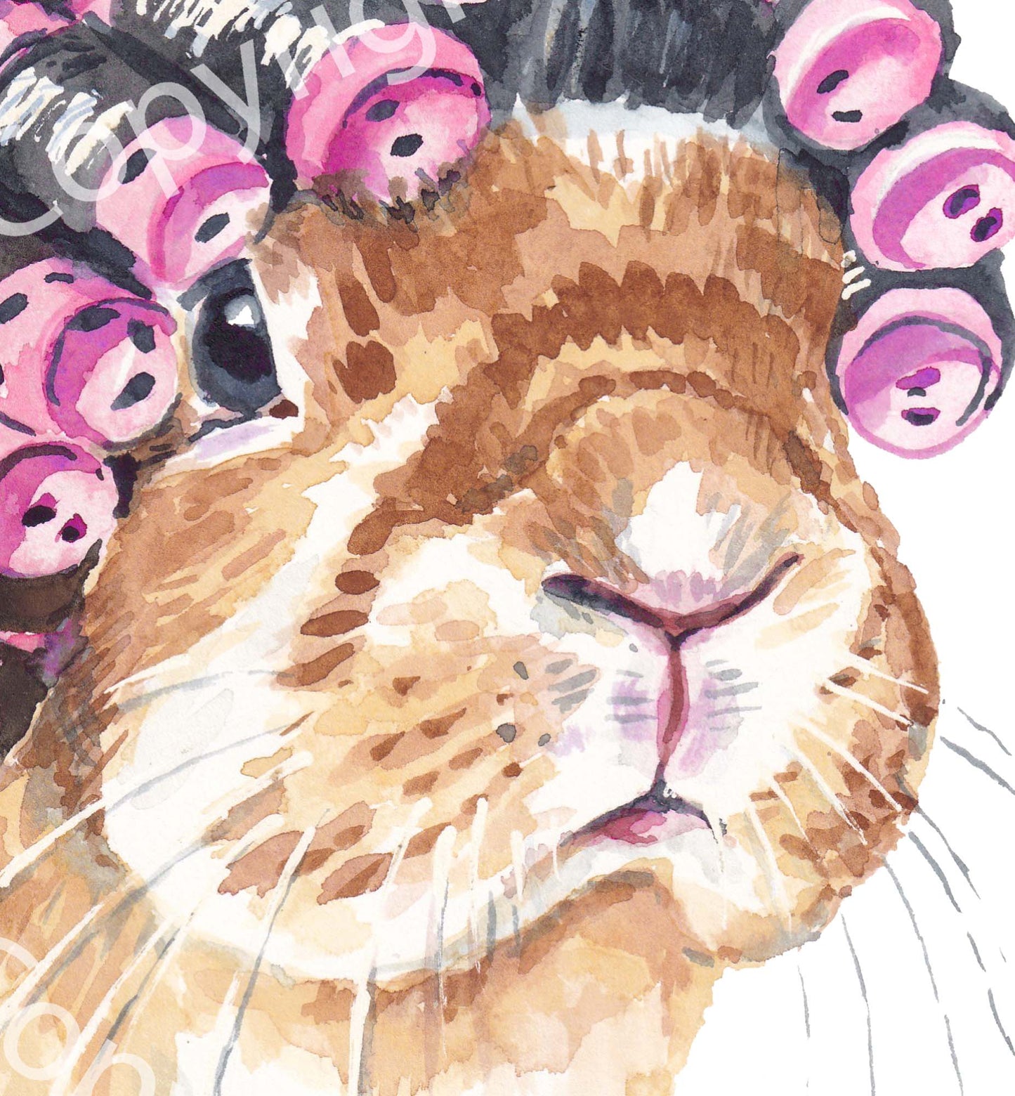 Watercolour painting featuring a lop eared bunny rabbit wearing bright pink hair curlers on her head by Deidre Wicks