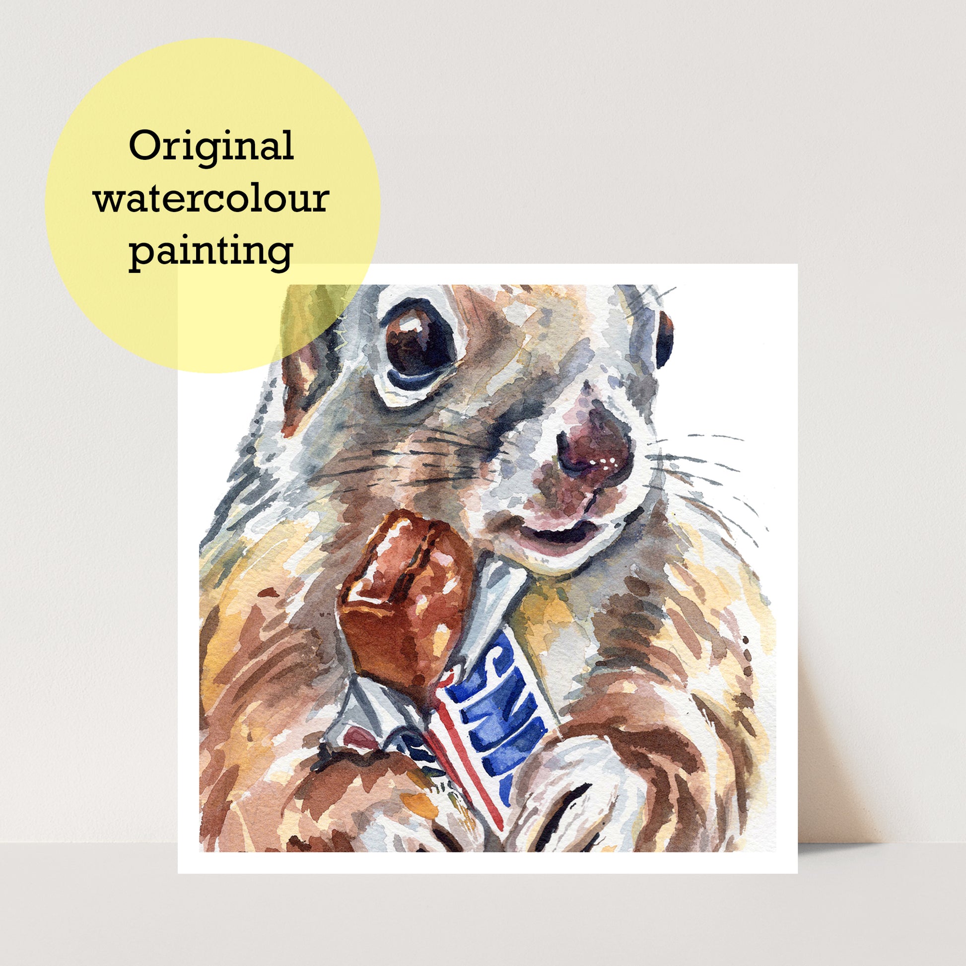 Watercolor painting of a squirrel holding a chocolate bar
