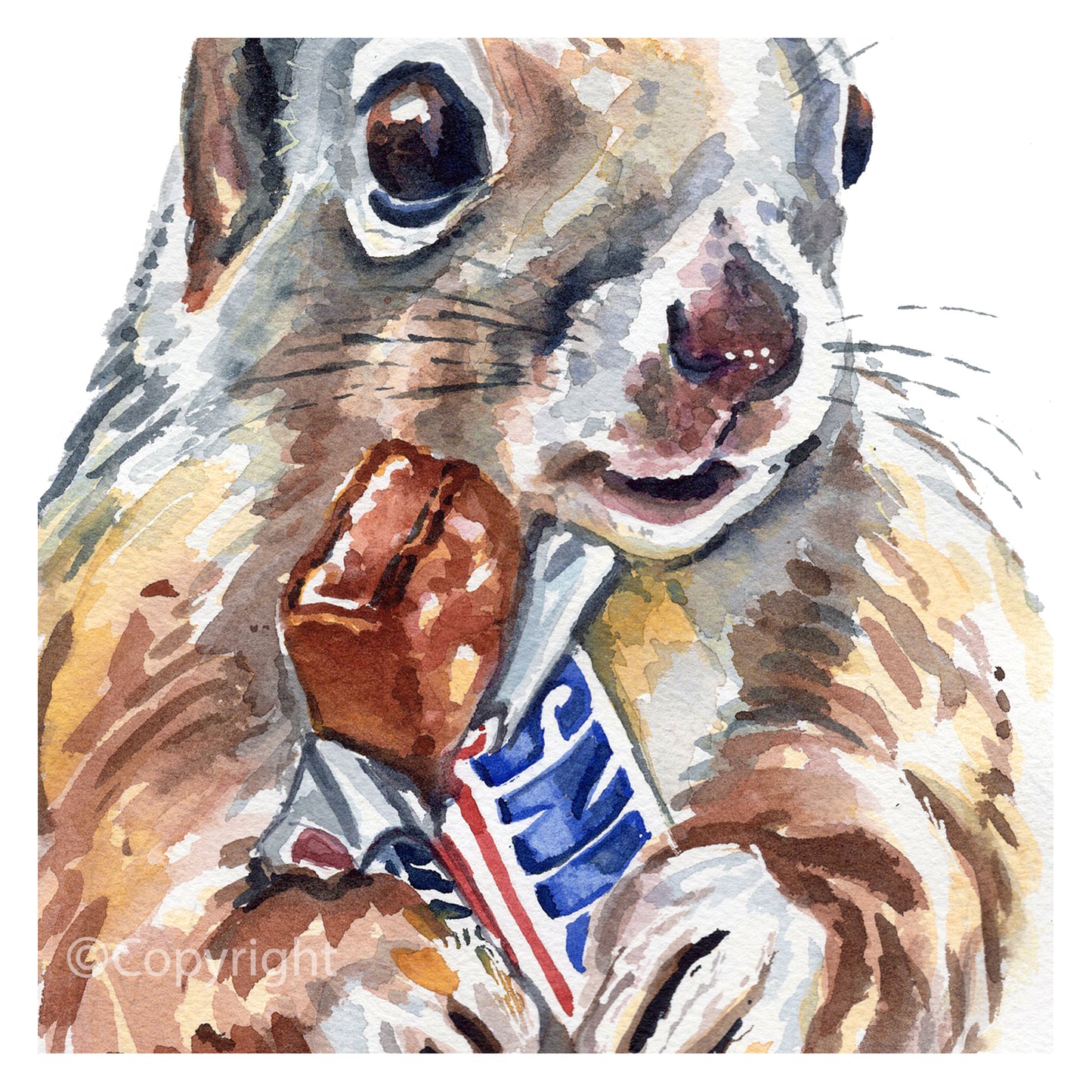 Watercolor painting of a squirrel holding a chocolate bar