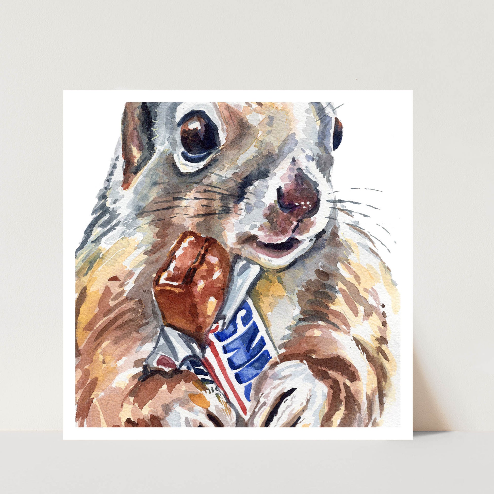 Illustration of a squirrel holding a Snickers bar on a light gray background