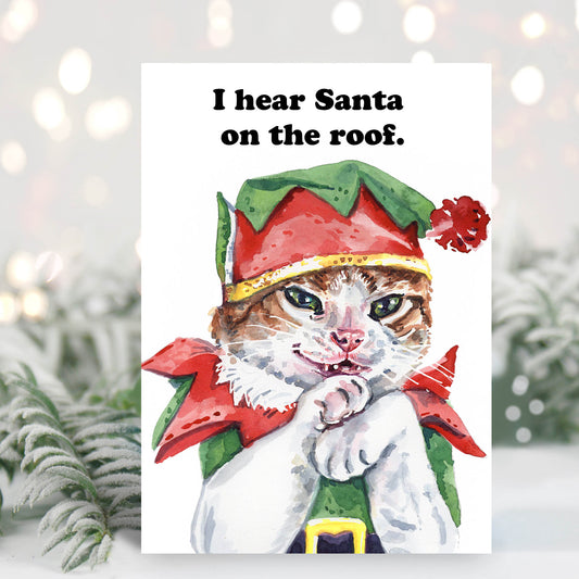 Cat in elf costume with text 'I hear Santa on the roof' against a snowy background