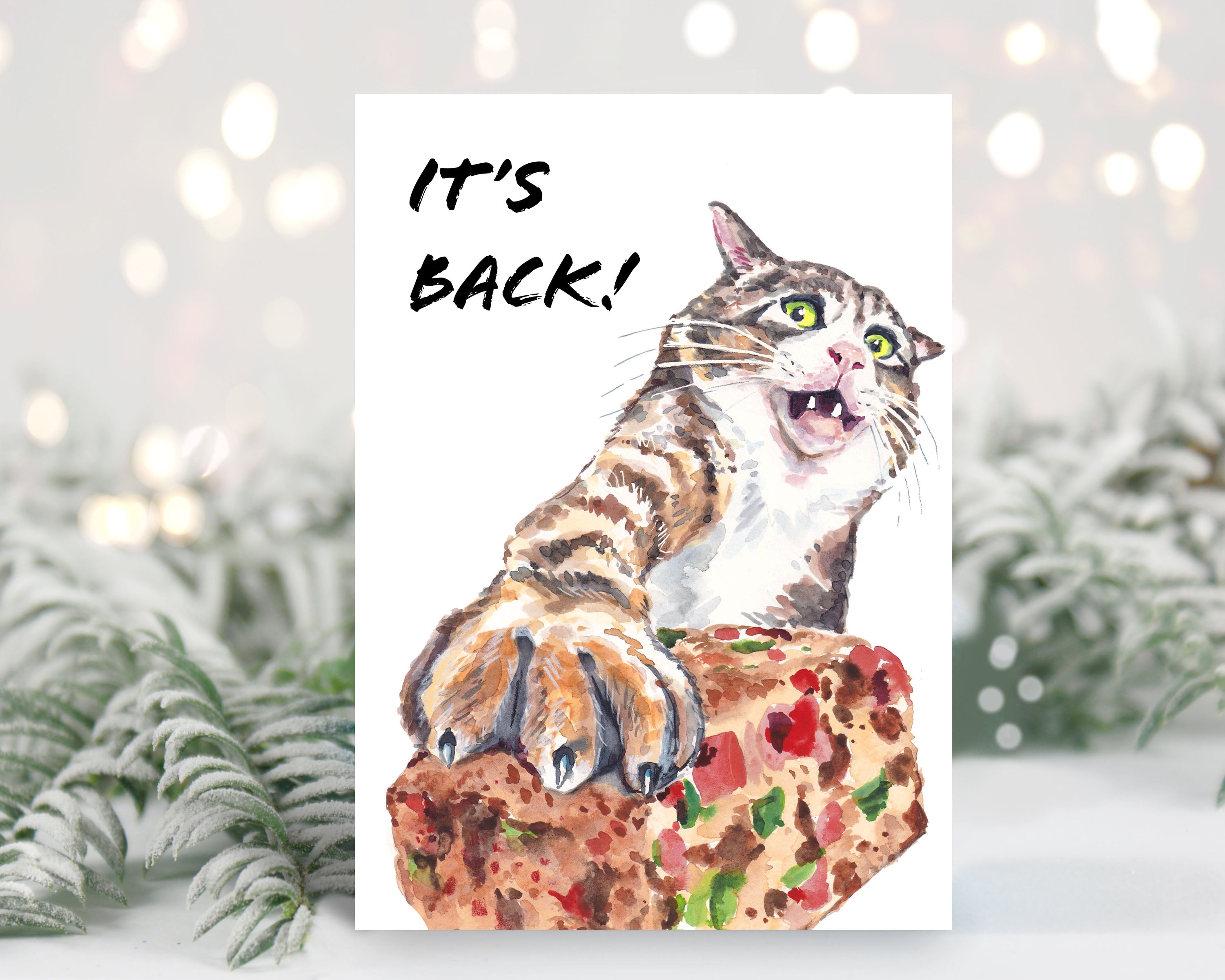 watercolour painting of a horrified tabby cat touching a piece of fruitcake