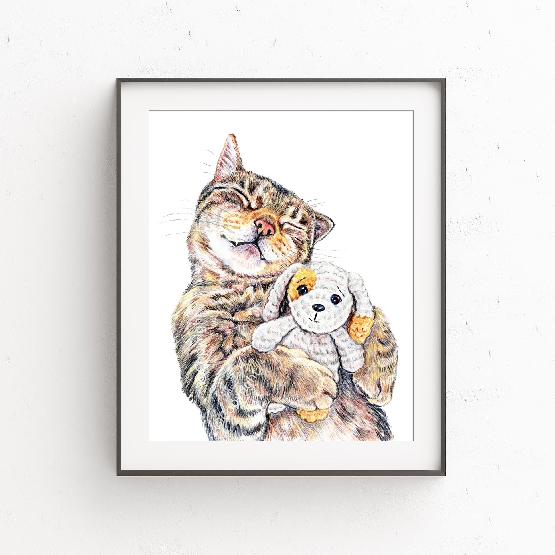 Coloured pencil drawing of a brown tabby cat napping with stuffed dog by Deidre Wicks