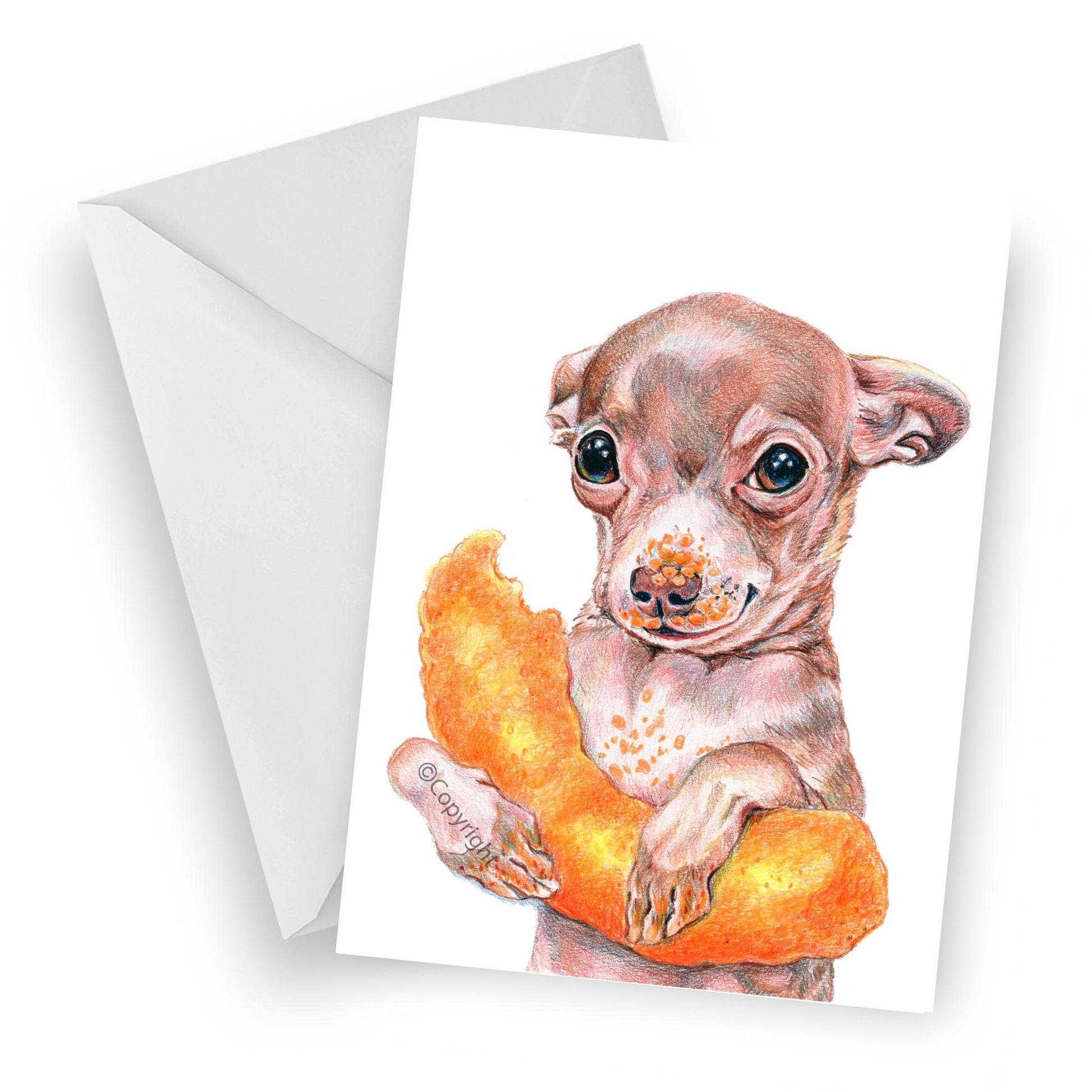 Greeting card featuring a coloured pencil illustration of a small chihuahua dog holding a giant cheese puff. By Deidre Wicks