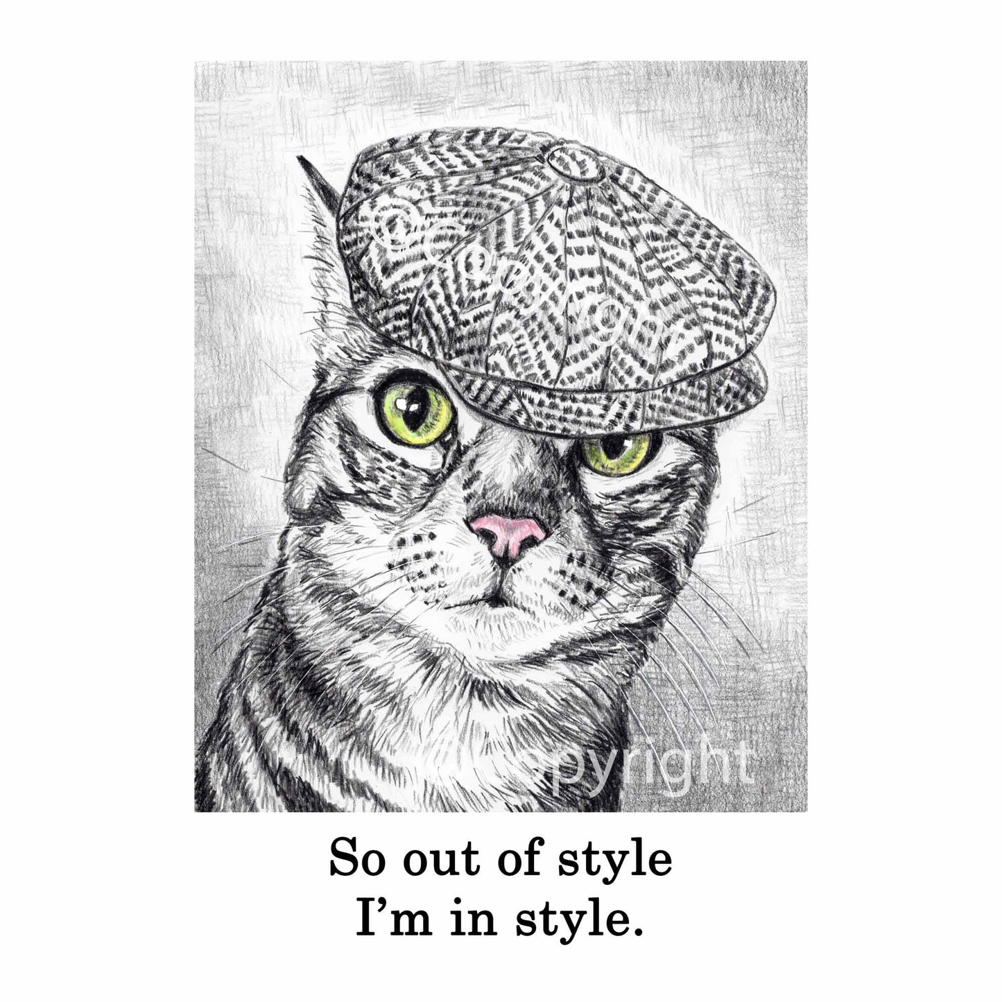 Vintage-inspired crayon drawing of a tabby cat wearing a newsboy cap by Deidre Wicks