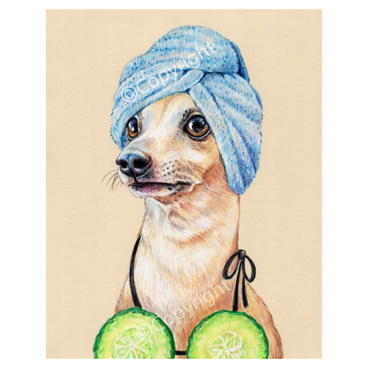 Coloured pencil drawing of an Italian greyhound dog wearing a towel and cucumber slices as a bikini top. 