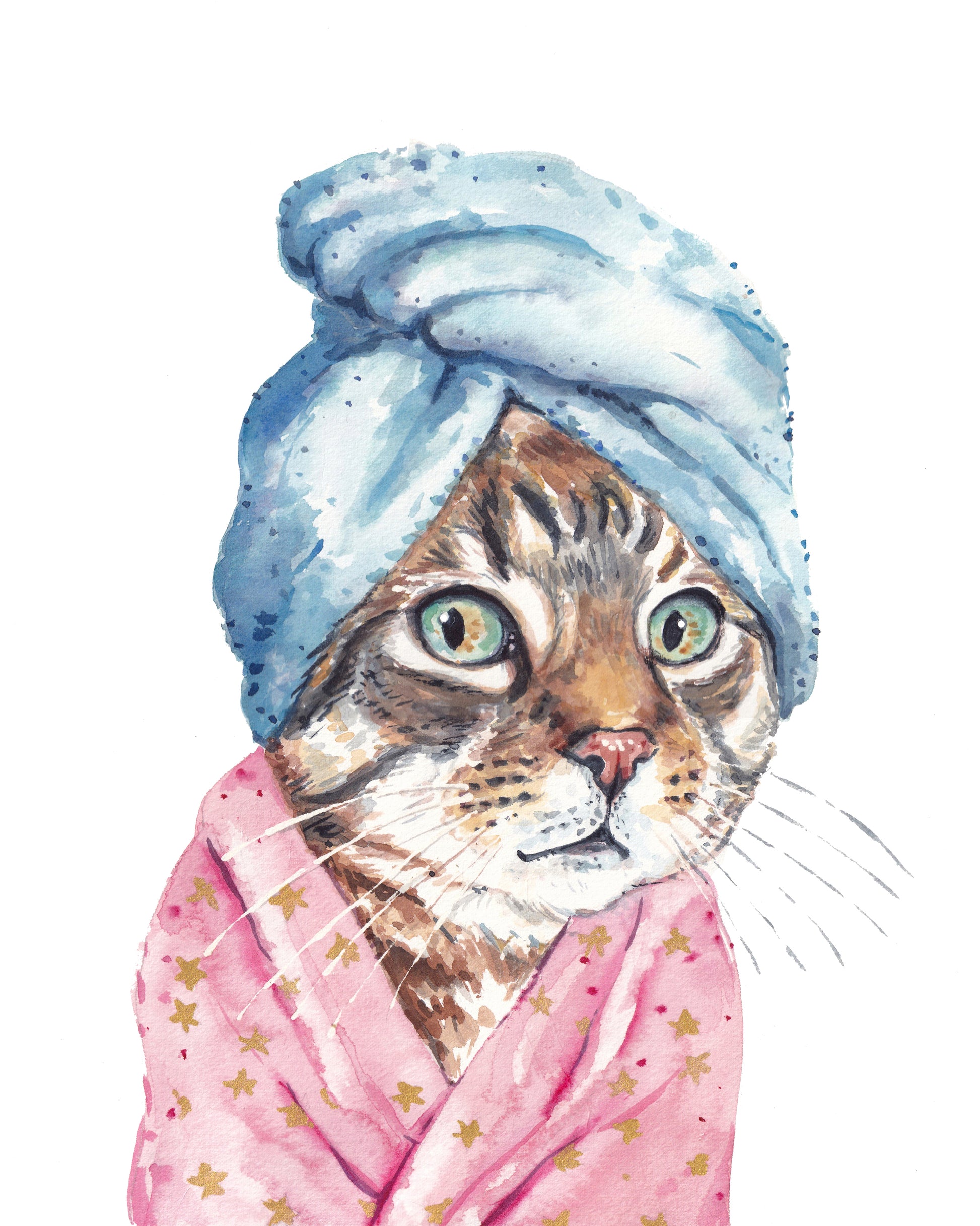 Cat wearing a blue towel on head and pink robe with gold stars on white background