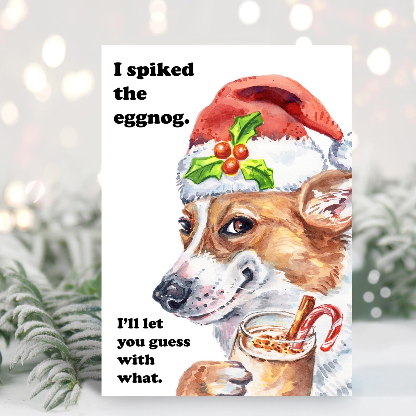 Dog wearing a Santa hat with text about spiked eggnog, Christmas lights in the background