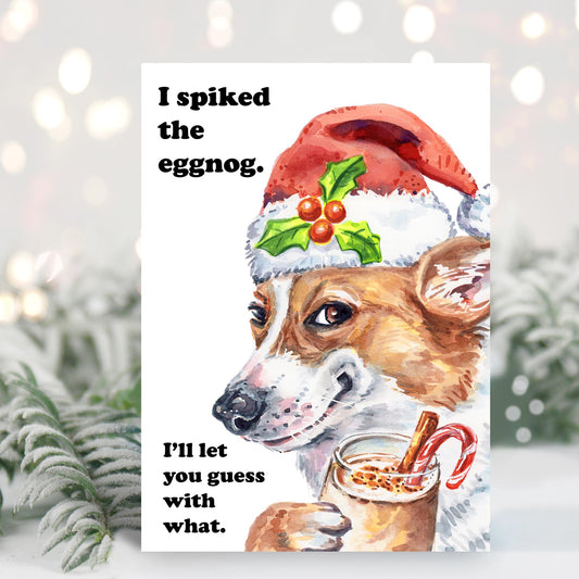 Dog wearing a Santa hat with text about spiked eggnog, Christmas lights in the background