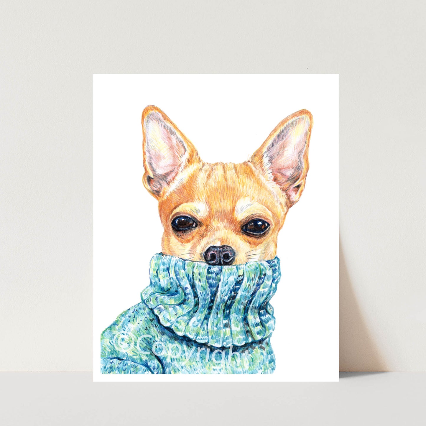 Crayon drawing of a tough chihuahua dog wearing a blue turtleneck sweater by Deidre Wicks