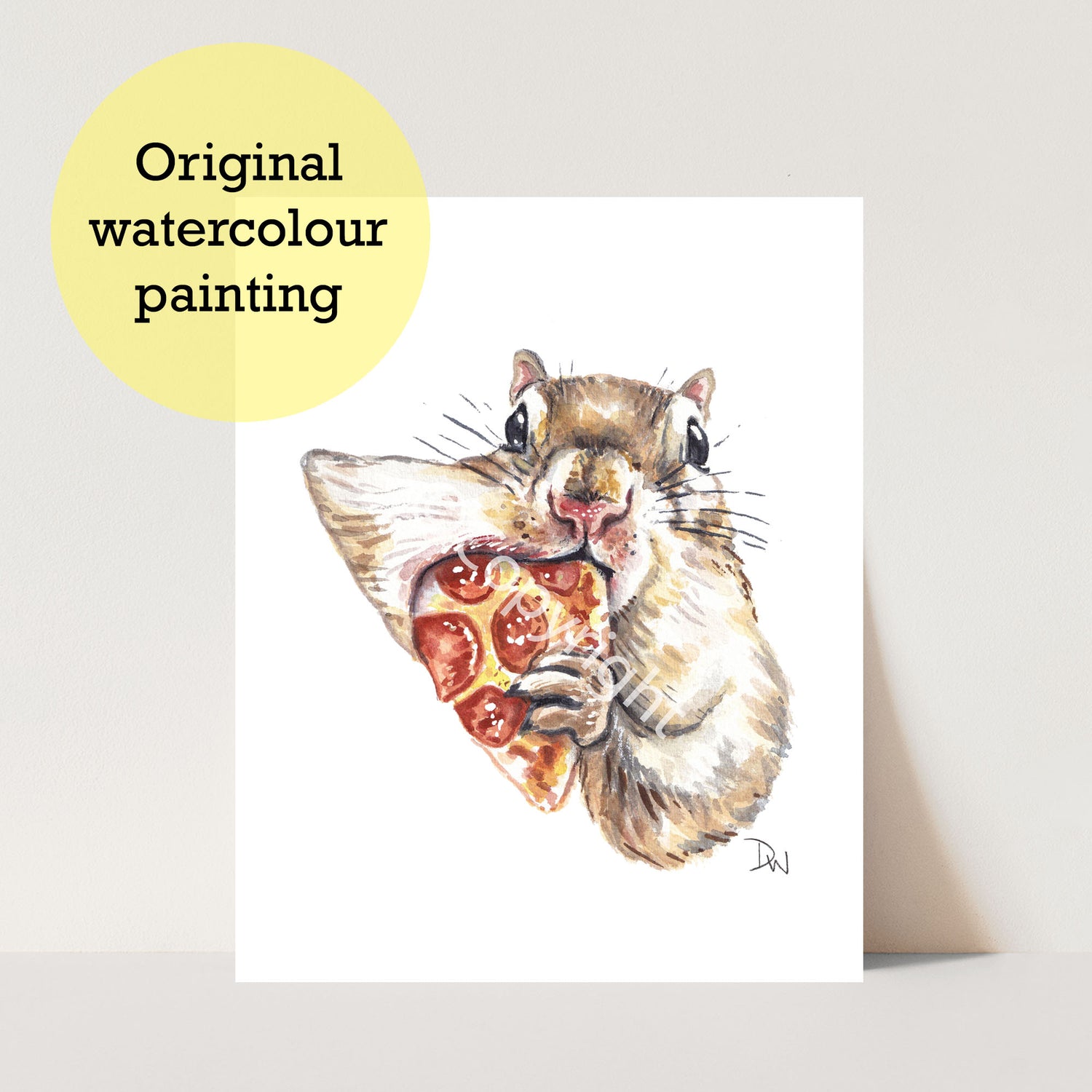 Original watercolour painting of a squirrel stuffing a slice of pizza in it's mouth. Art by Deidre Wicks