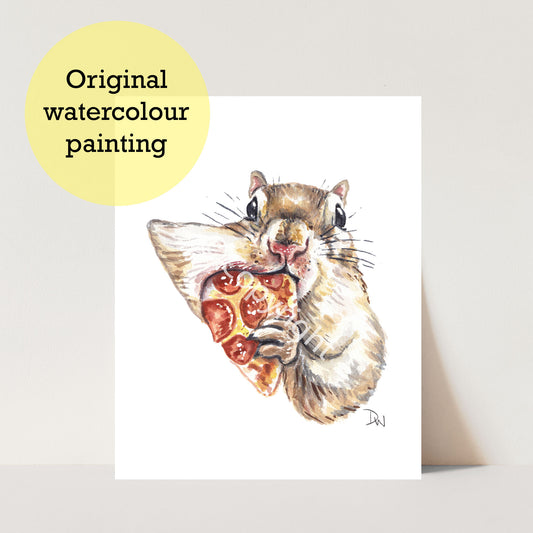 Original watercolour painting of a squirrel stuffing a slice of pizza in it's mouth. Art by Deidre Wicks