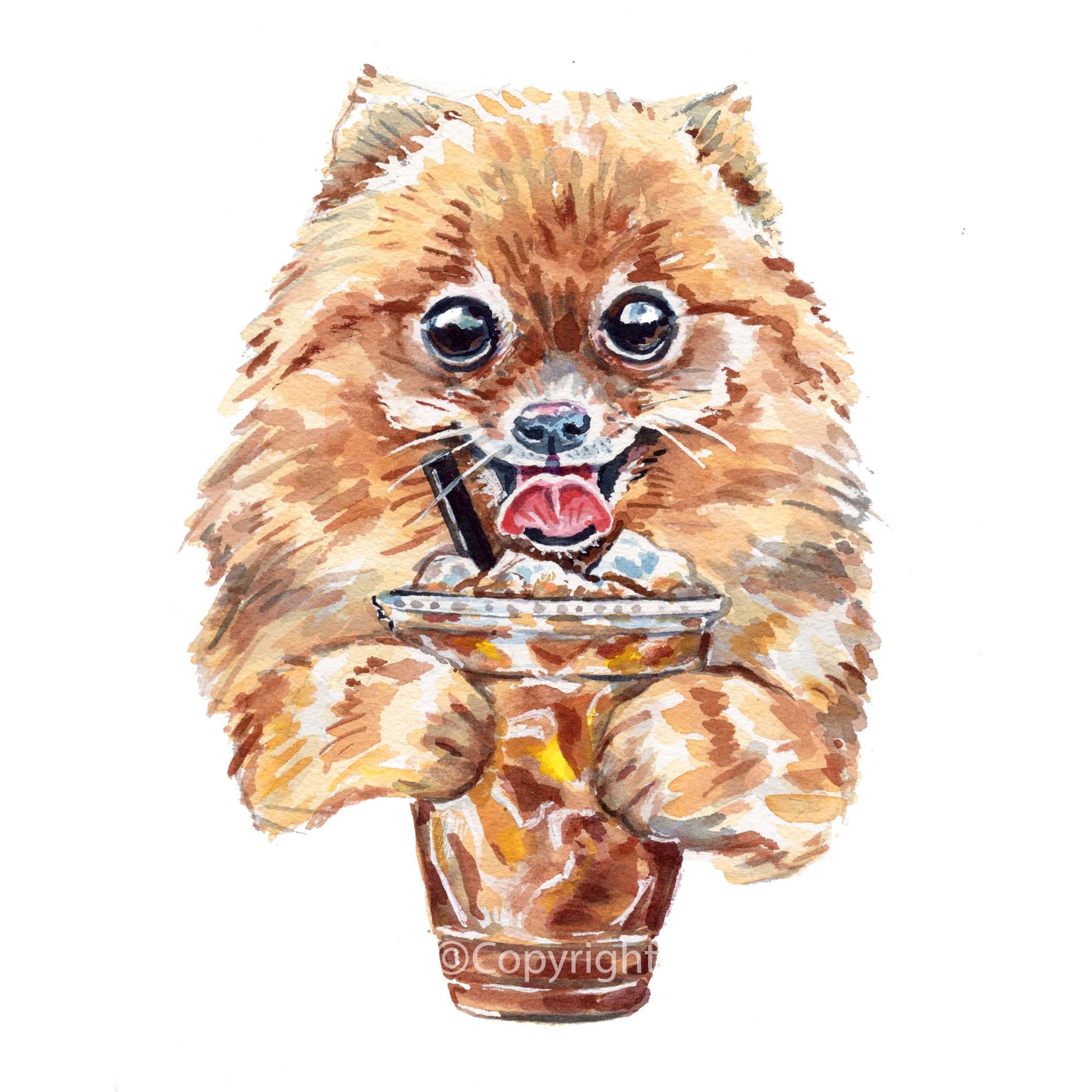 Watercolour painting of a Pomeranian Dog drinking an ice coffee