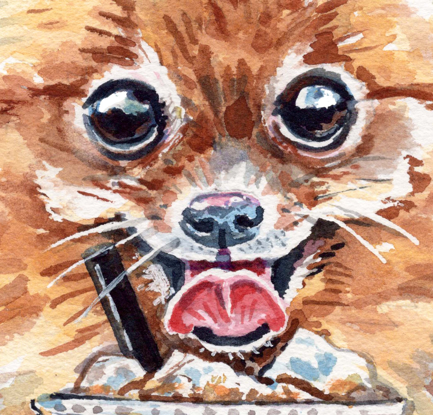 Watercolour painting of a Pomeranian Dog drinking an ice coffee