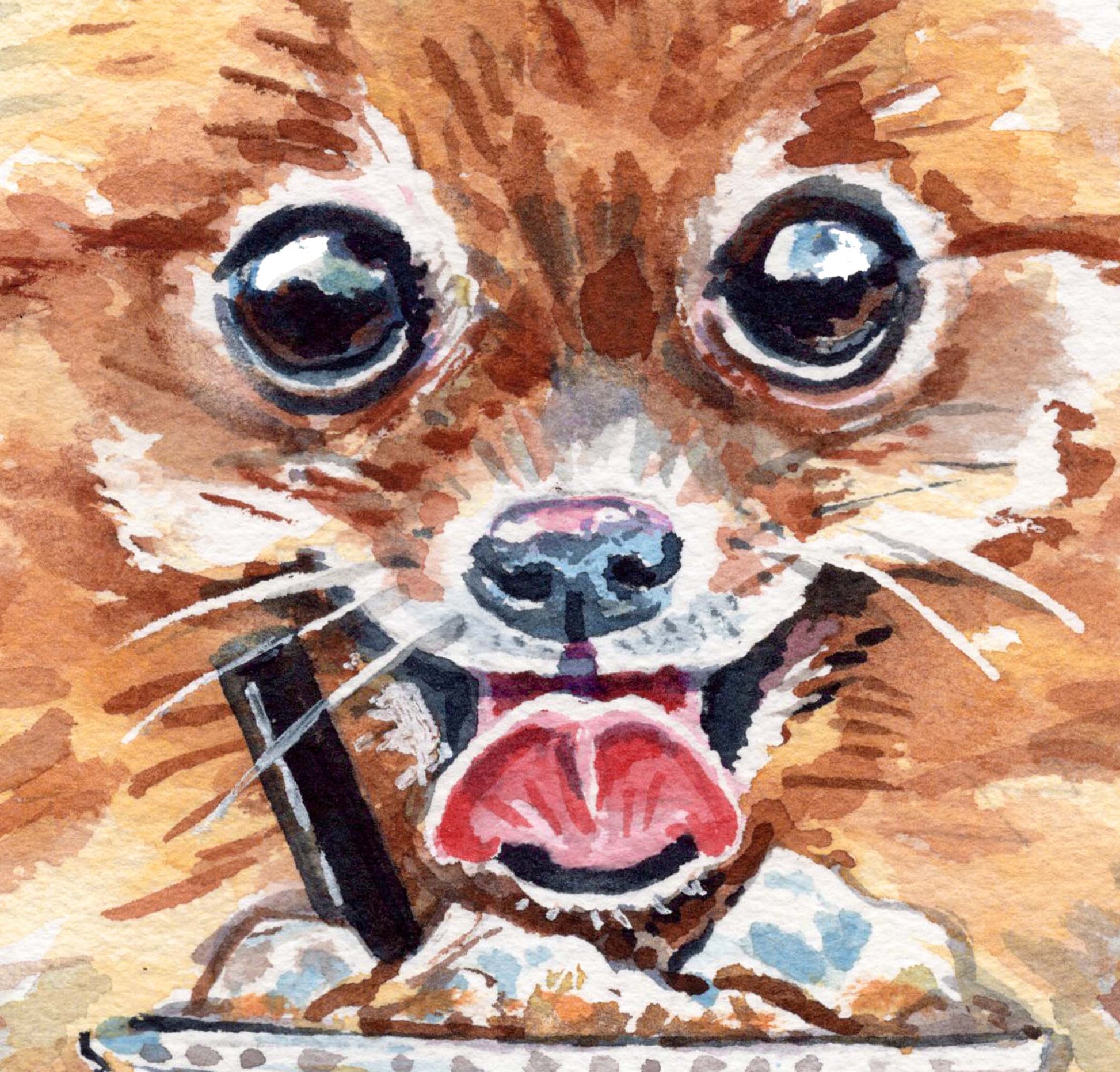 Watercolour painting of a Pomeranian Dog drinking an ice coffee
