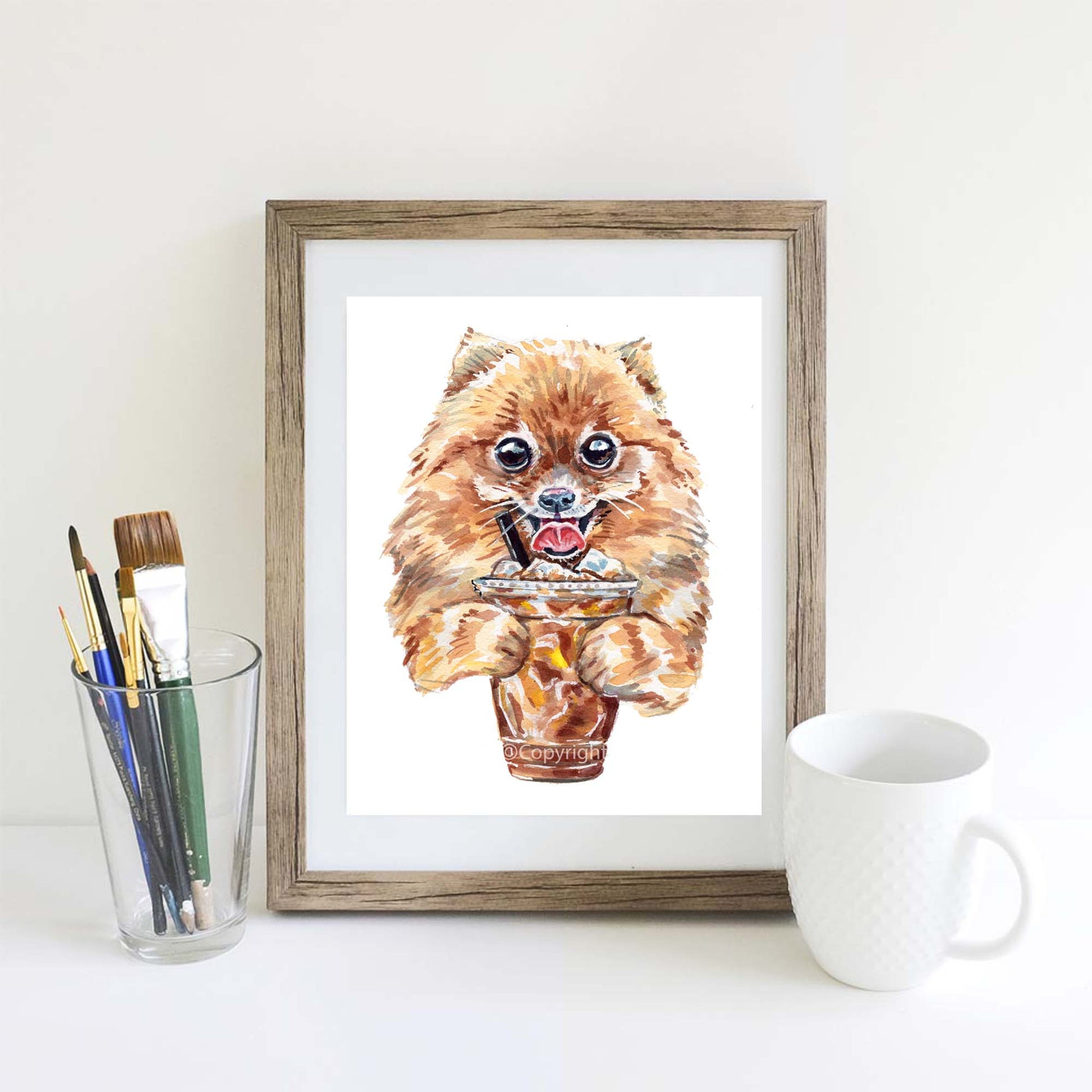 Watercolour painting of a Pomeranian Dog drinking an ice coffee