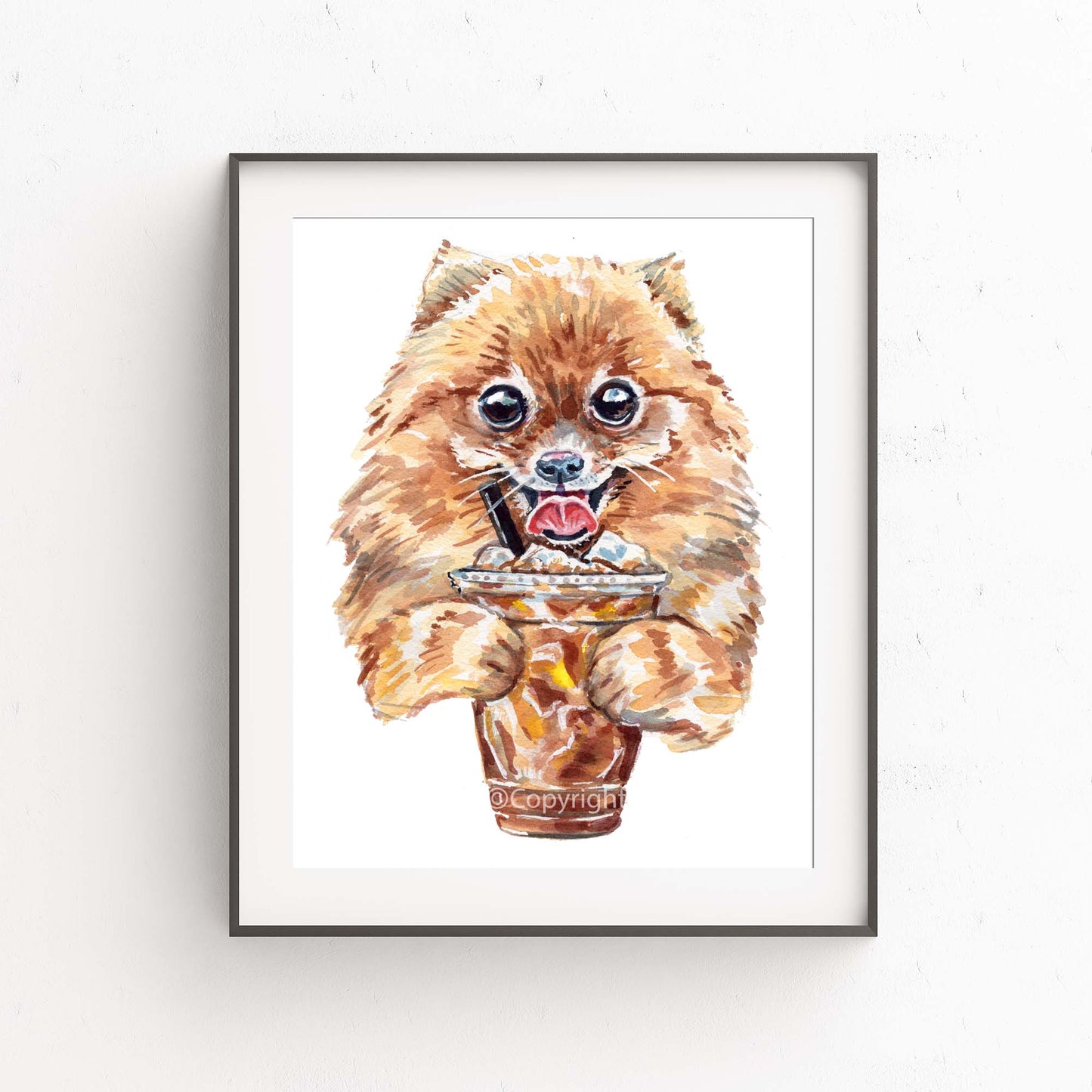Watercolour painting of a Pomeranian Dog drinking an ice coffee