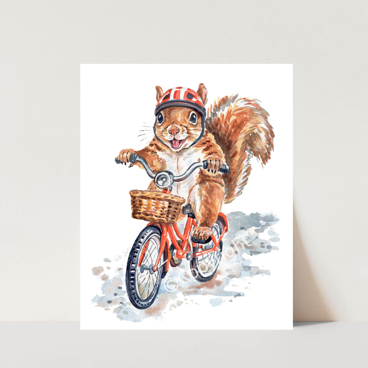A vertical art print featuring a watercolor illustration of a brown squirrel riding an orange bicycle with a basket and a red-and-white striped helmet, displayed against a light neutral background.