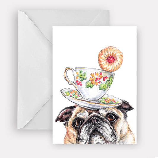 Greeting card featuring an illustration of a pug dog balancing a tea cup and a cookie.