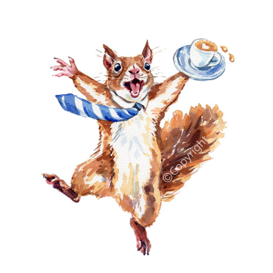 Illustration of a happy red squirrel with a coffee cup on a white background