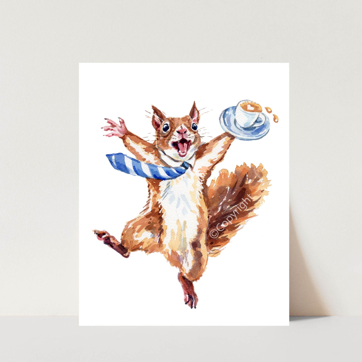 Illustration of an excited squirrel wearing a tie and holding a coffee cup on a white background