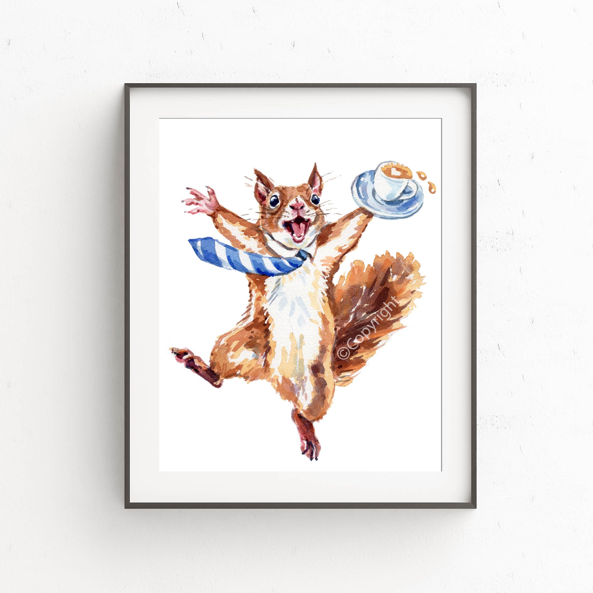Framed artwork of a squirrel holding a coffee cup on a white background