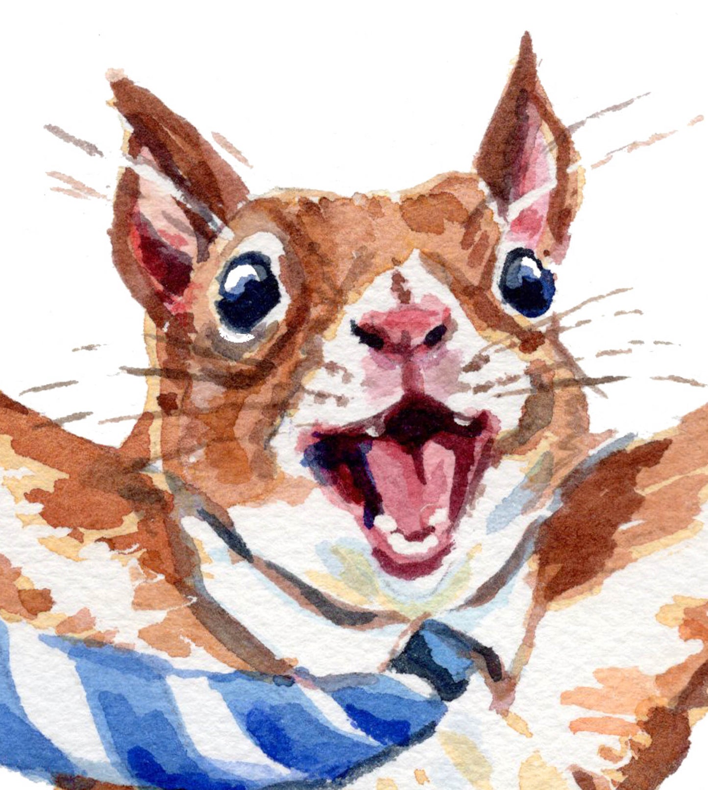Watercolor illustration of a squirrel with a surprised expression wearing a blue and white striped shirt.