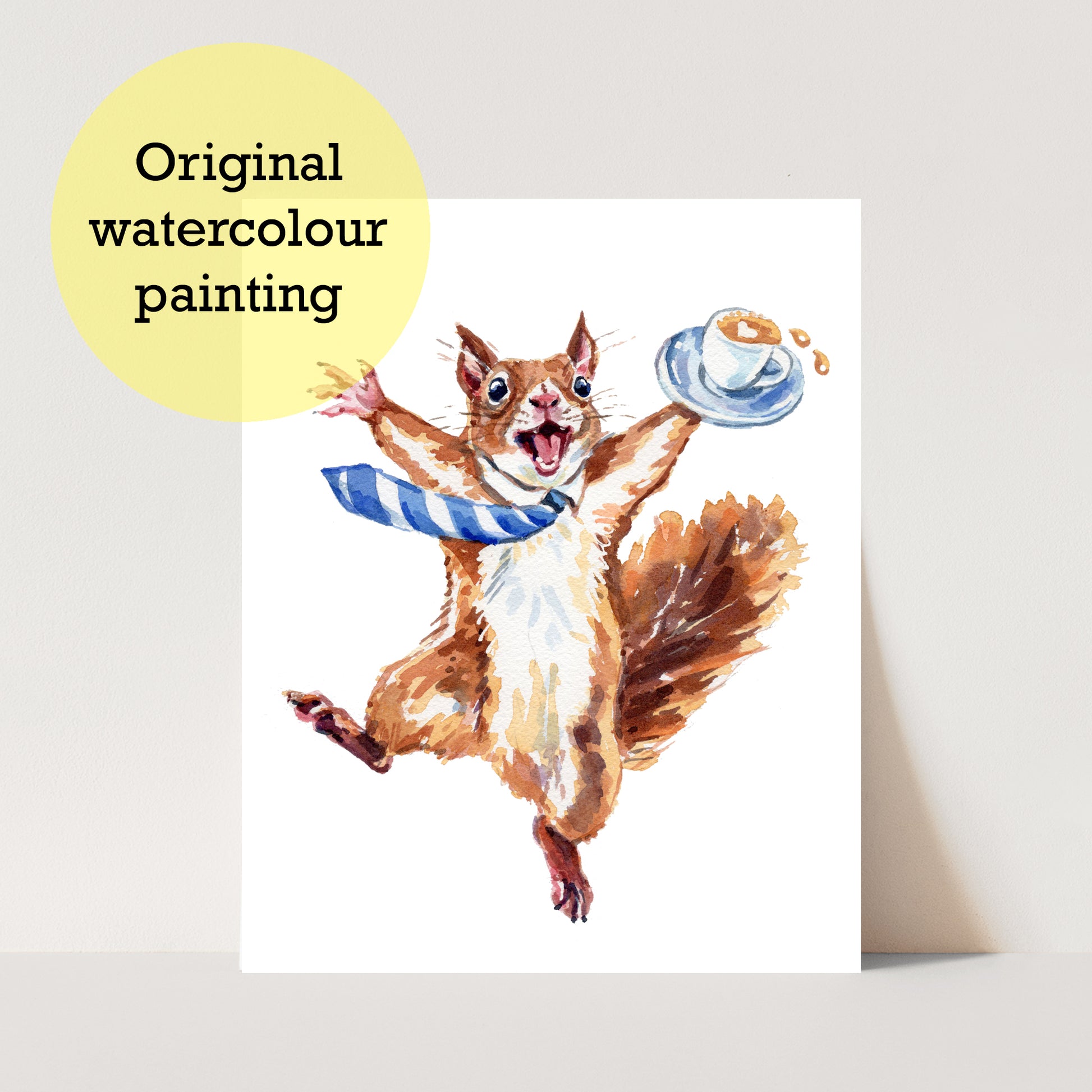 Watercolor painting of a squirrel holding a coffee cup with a yellow label indicating it's an original painting.