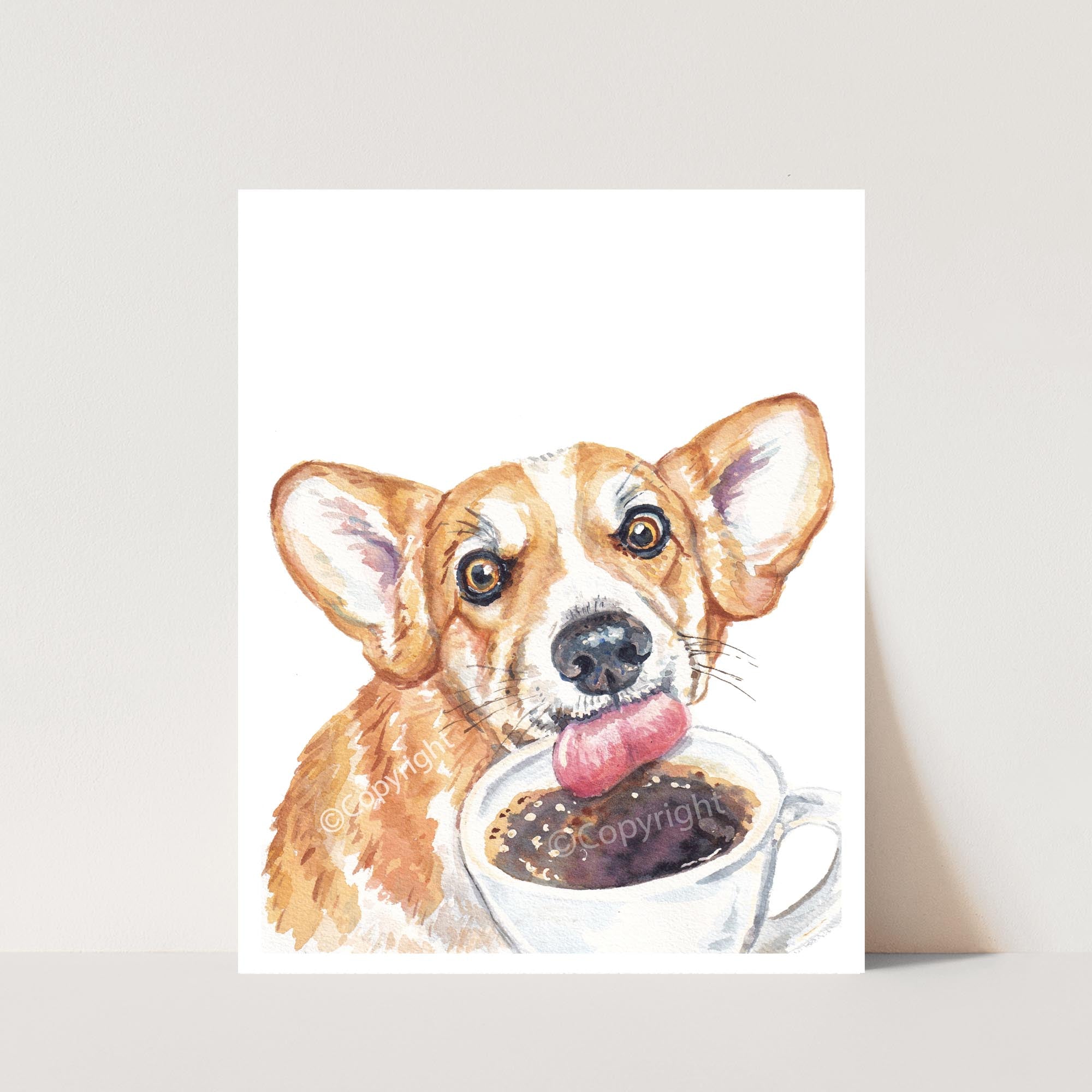 Watercolour painting of a corgi dog drinking coffee from a cup by Deidre Wicks