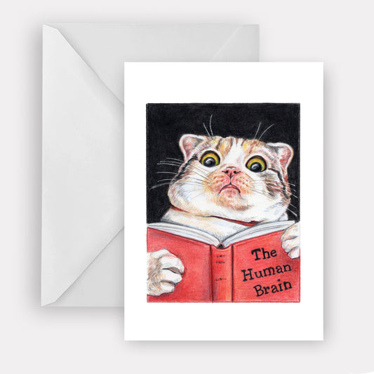 Greeting card featuring a coloured pencil drawing of a cat reading a book about the human brain. Art by Deidre Wicks