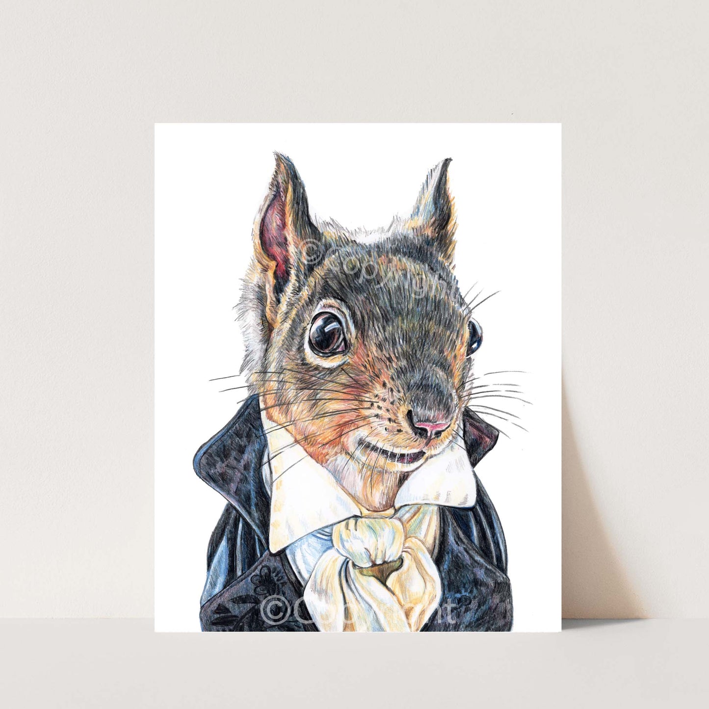 Coloured pencil drawing of a squirrel dressed like a Romantic hero from a Jane Austin book. Art by Deidre Wicks