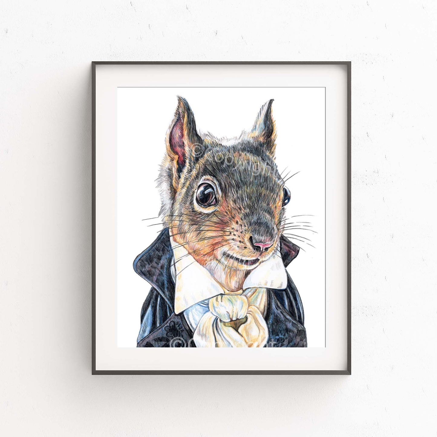 Coloured pencil drawing of a squirrel dressed like a Romantic hero from a Jane Austin book. Art by Deidre Wicks