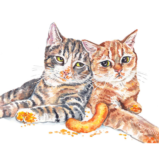 Watercolour painting of two tabby cats in a stand off over the last Cheeto cheese puff. Art by Deidre Wicks