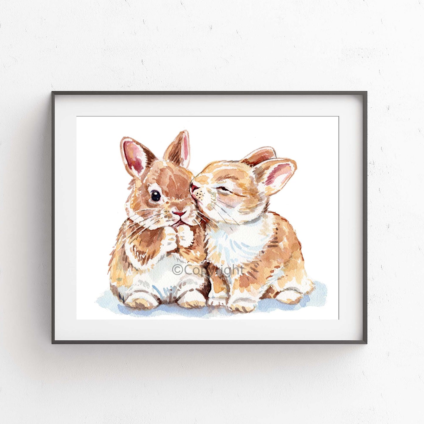 A painting of two tiny bunny rabbits, one that's kissing the cheek of the other