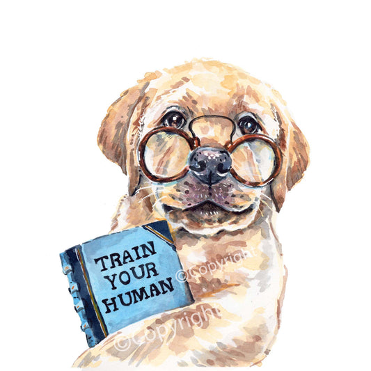 Dog wearing glasses holding a book titled 'Train Your Human' on a white background
