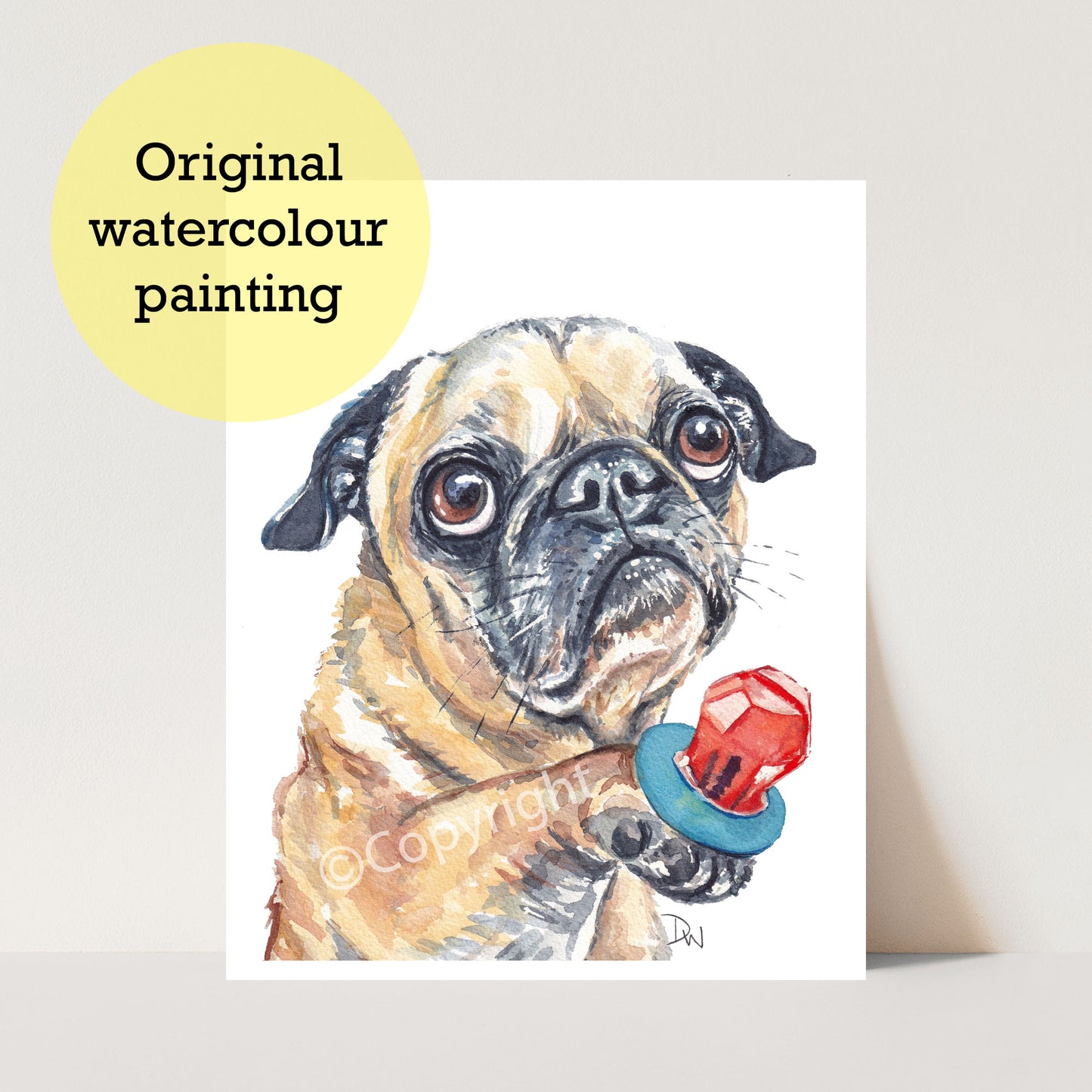 Original watercolour painting of an adorable pug dog offering to share his candy. Art by Deidre Wicks
