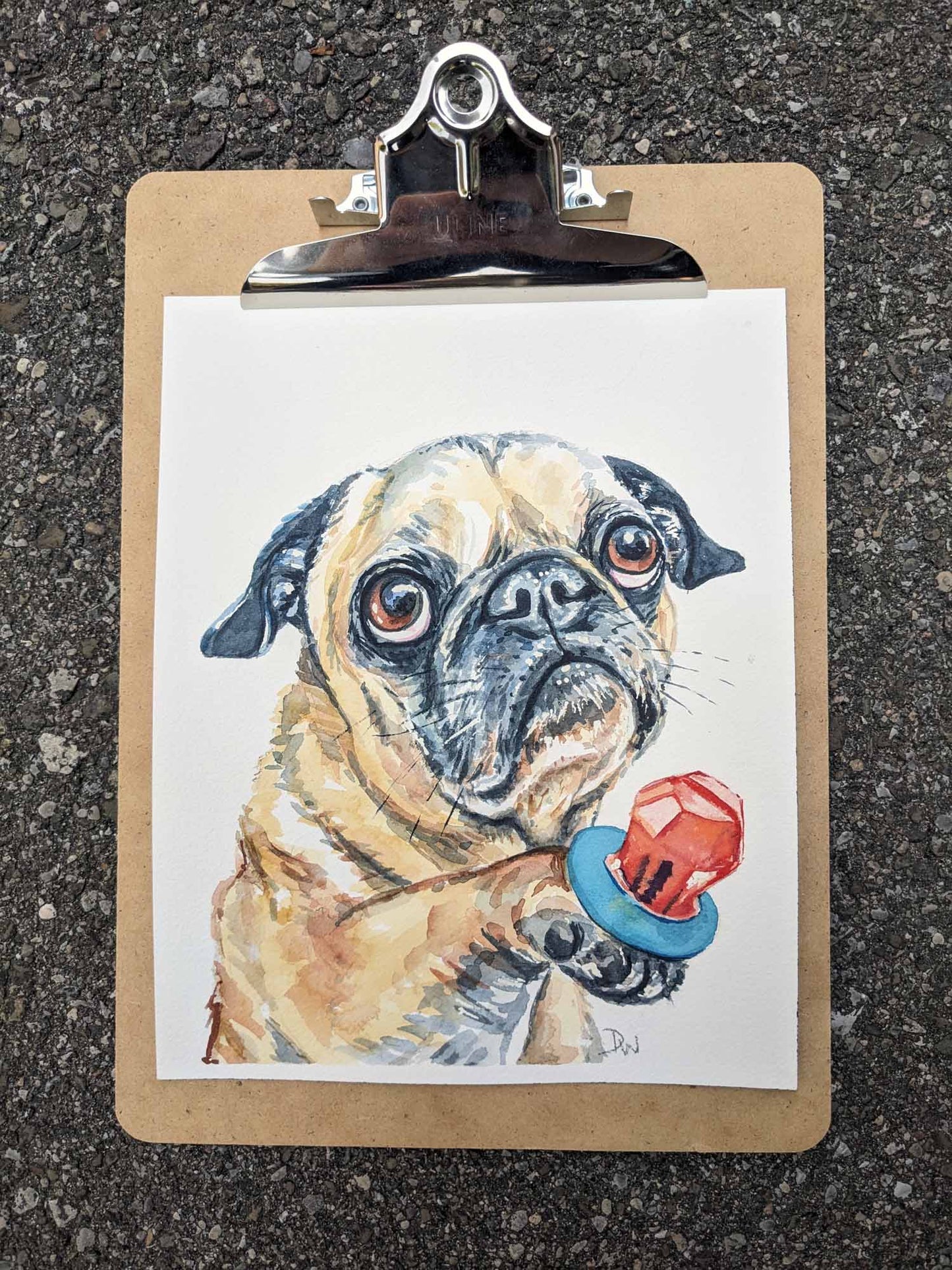 Original watercolour painting of an adorable pug dog offering to share his candy. Art by Deidre Wicks